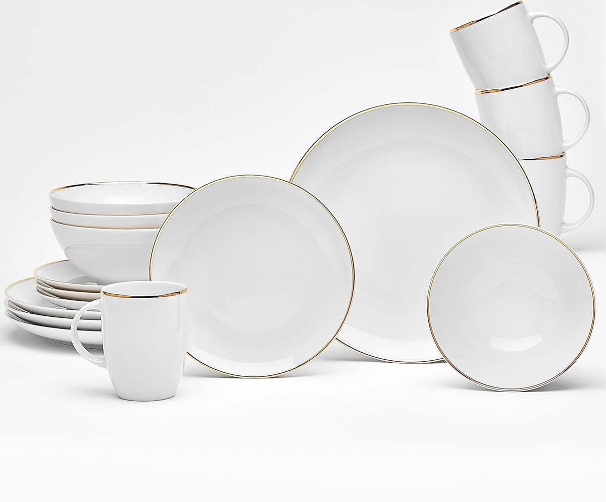 Elegante 16-delige Serviesset voor 4 Personen - Wit met Goudkleurige Rand, Vaatwasmachinebestendig Porselein