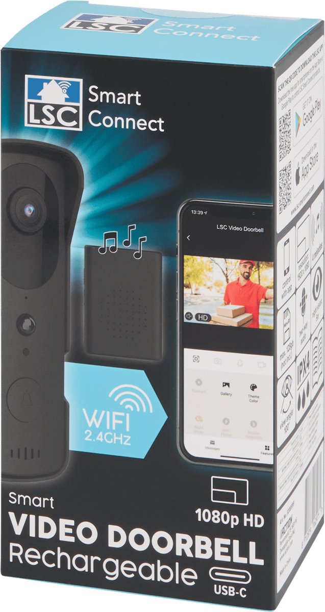 LSC Smart Connect videodeurbel - Werkt op batterijen - Camera - Voordeur - Night vision - Wifi - App - Two Way Audio -