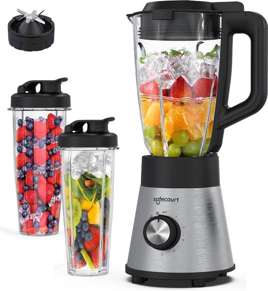 Safecourt Kitchen Power blender - 5 automatische programma's - Smoothie maker - +2 to go cups - RVS