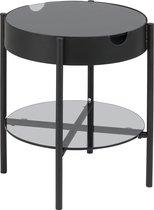 Table basse Tipon Ø45 cm avec 1 étagère et rangements, verre fumé.