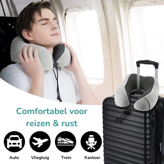 Oreiller De Voyage En Mousse à Mémoire De Forme - Coussin Cervical Ergonomique + Masque Yeux, Bouchons Oreilles & Sac De Transport, Gris