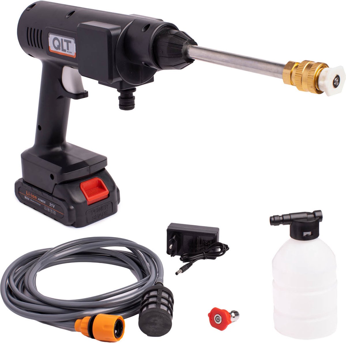 Bol.com QLT Snoerloze Hogedrukreiniger met Accu en Verstelbaar Mondstuk - 3 Sproeipatronen - Voor Reinigen en Sproeien - Incl. A... aanbieding
