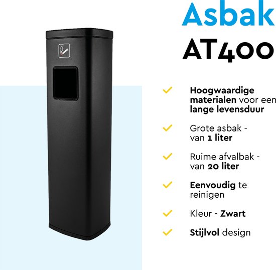 Zwarte staande asbak AT400, met 20 liter afvalbak en 1 liter asbak. Hoogwaardige materialen, stijlvol design.
