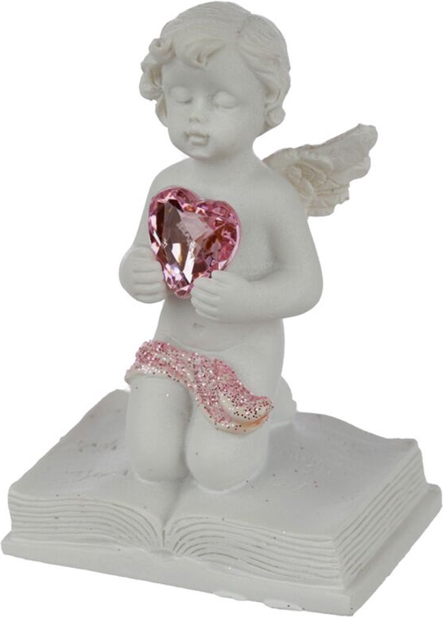 Peace of Heaven Happily Ever After knielend Engeltje cherubijntje op boek met roze hart in de hand 7x4.5x3.5cm