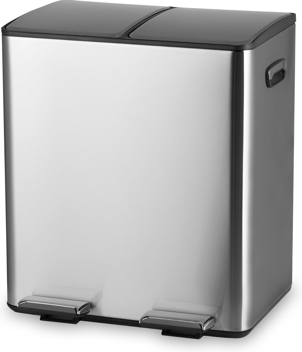Goedkoopste Bayt Prullenbak - Prullenbak 60 Liter (2x30) - Vuilnisbak 60 Liter - Pedaalemmer 60 Liter - Prullenbak Afvalscheiding - Prullenbak 2 Vakken - Afvalbak - RVS - Zilver