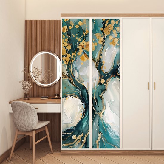 Deurposter 80x205 cm - Deursticker Boom - Modern - Verflook - Turquoise - Goud - Meubelfolie zelfklevend - Deurfolie woonkamer - Interieurfolie fotobehang - Deur plakfolie - Deurstickers - Deurbehang sticker - Kamer decoratie