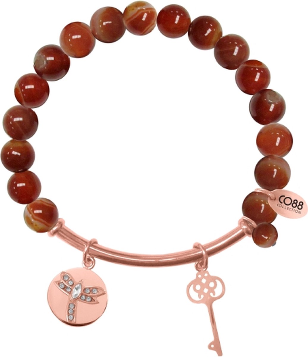 CO88 Collection Beloved 8CB-50006 Rekarmband met Stalen Elementen - Zirkonia Libel en Sleutel - Agaat Natuursteen 8 mm - One-size - Rood