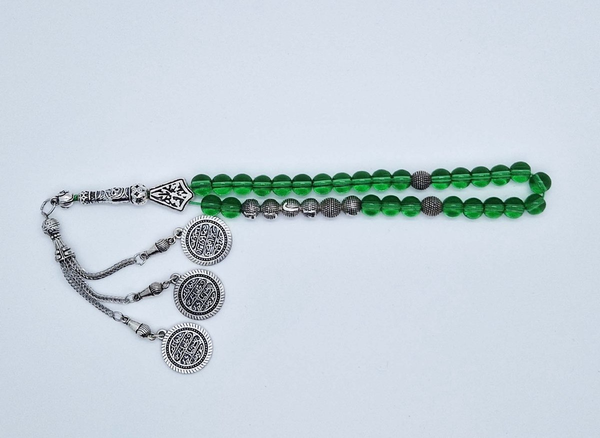 Handgemaakte naam tasbih 33 Kralen Natuursteen “ Groene kwartz” - met metaal tassel “Constantinopel"- Met je naam of de naam van uw geliefde- 8 mm diameter van de korrel