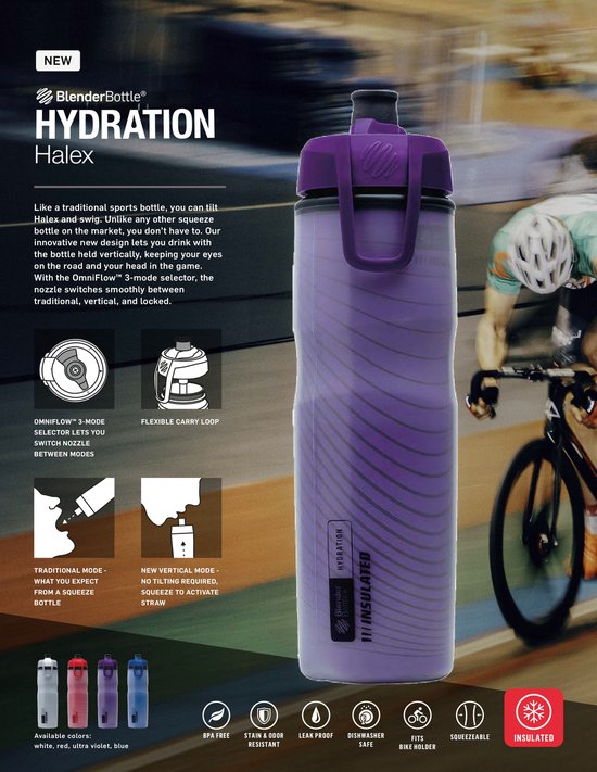 BLENDERBOTTLE - Violet - 710ml INSULATED Hydration / water Halex Sports bidon - Speciale wielrenbidon met uniek mondstuk. Drink vanuit iedere richting. van BLENDERBOTTLE — afbeelding 3
