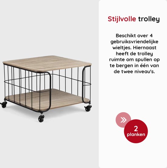 Table basse Eleganca - Table d'appoint - Chariot - MDF et fer - Noir - Industriel - 48,5x48,5x36cm - 4 roues