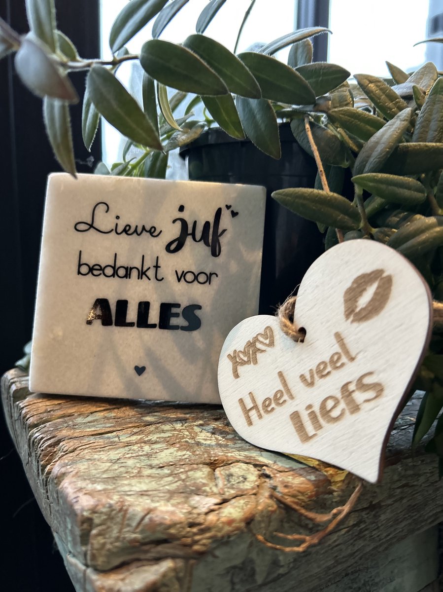 Creaties van Hier - Onderzetter - tegeltje - Lieve juf - met houten hartje - Marmer