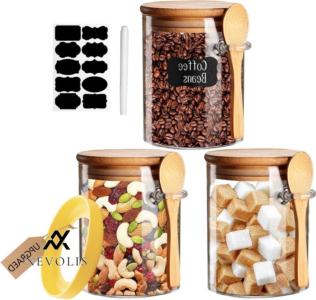 Nevolis Glass Jars Airtight Lid Spoon Food Storage Containers Overnight Breakfast Containers Decorative Kitchen Jars for Coffee Tea Sugar Spices Bath Salts 530ml Pack of 3 - Breakfast Storage .