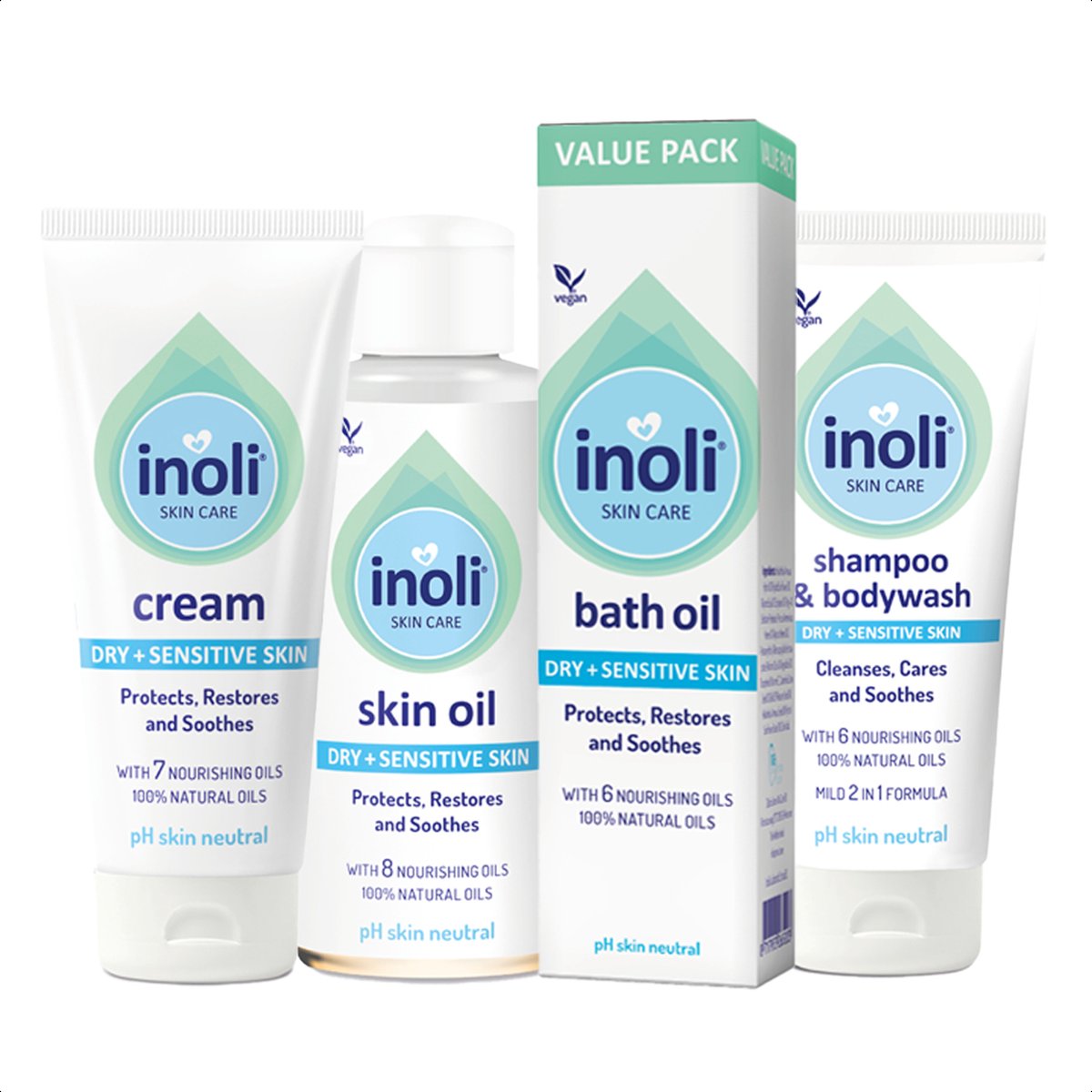 Goedkoopste Inoli Skincare - Compleet Baby Huidverzorging Voordeelpakket - Shampoo & Body Wash, Badolie, Huidolie en Crème voor Droge en Gevoelige Huid