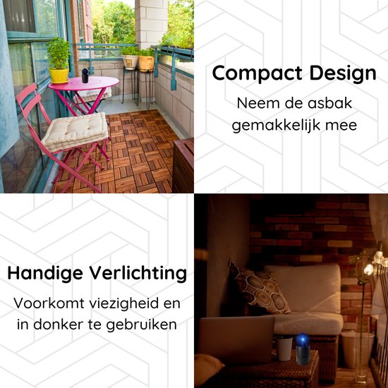 Afbeeldingen tonen een compacte zwarte asbak en een asbak met blauw LED-licht op een tafel.
