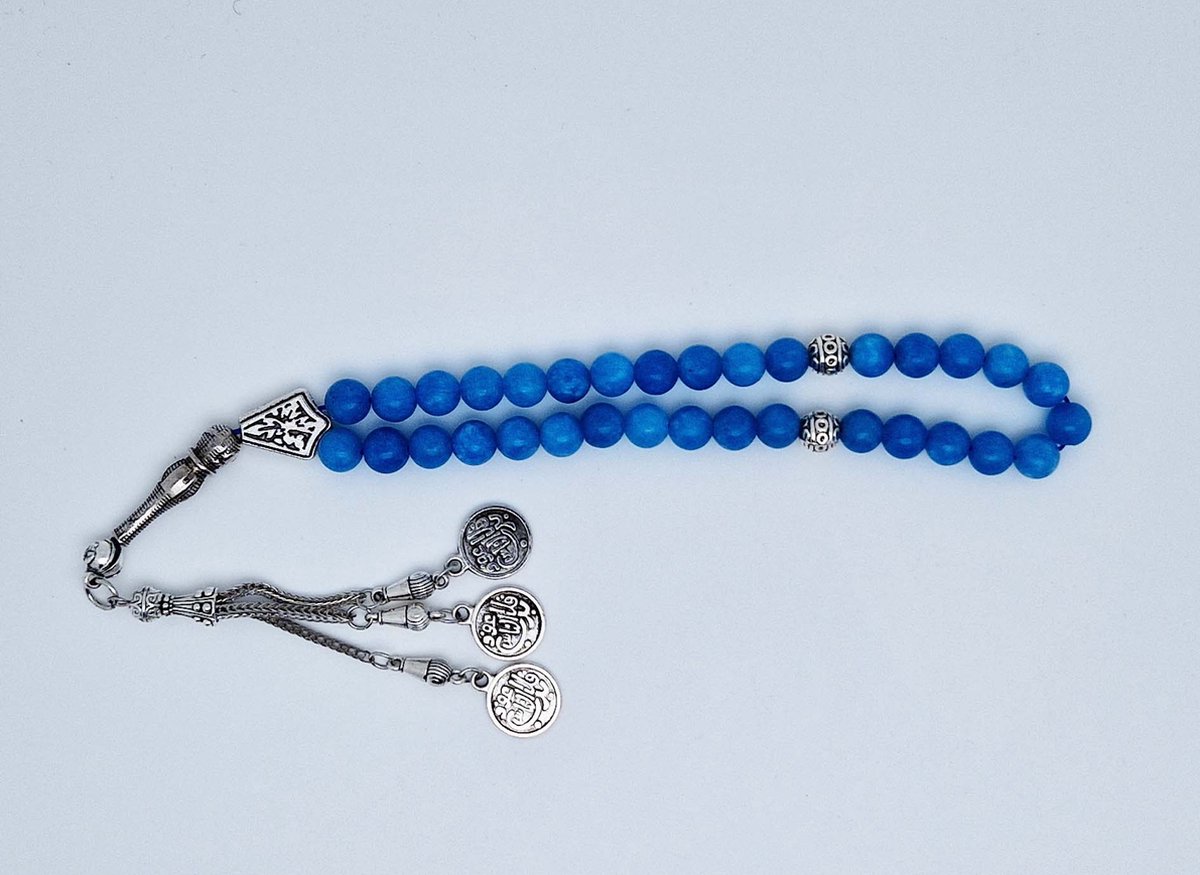 Handgemaakte tesbih "tasbih" natuursteen " Blauwe Agaat" - Aantal kralen 33 - Diameter kralen 8 MM - met metaal tassel "model 6" - Een mooi cadeau-idee