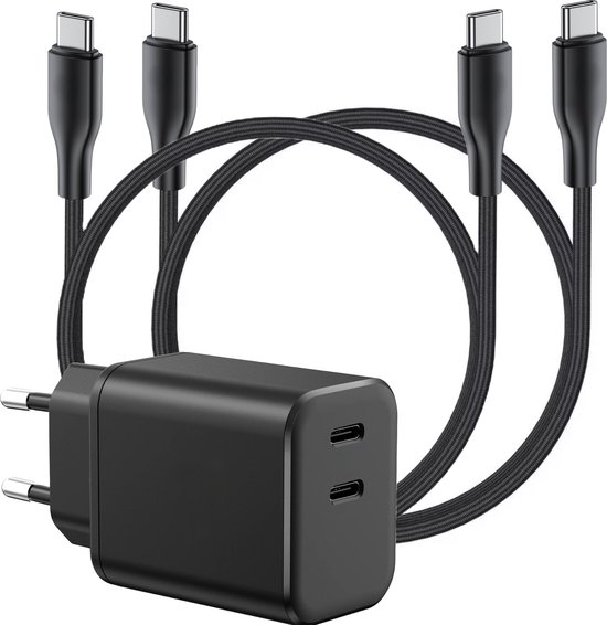 Dual snellader Samsung met 2m USB-C kabels, GaN snelle oplader voor telefoon en tablet, compact