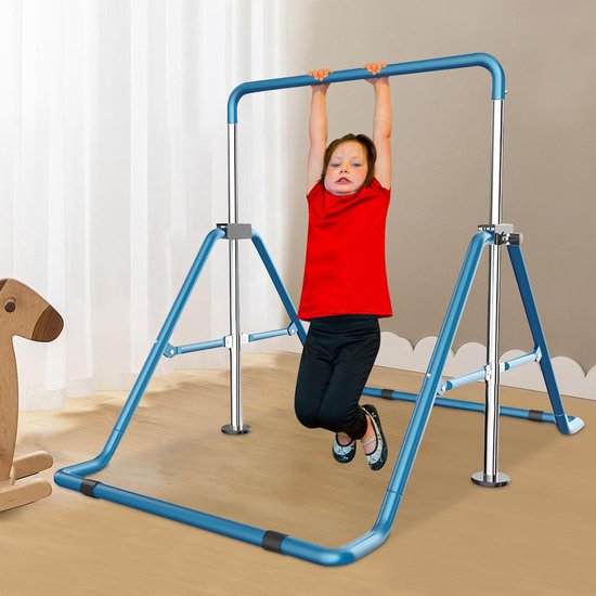 FBSPORT Gymnastics Bar For Kids With Rings, Adjustable Height Gymnastic Kip Bar Horizontal Bars Junior Training Bar Children Folding Monkey Bars Gymnastic Equi