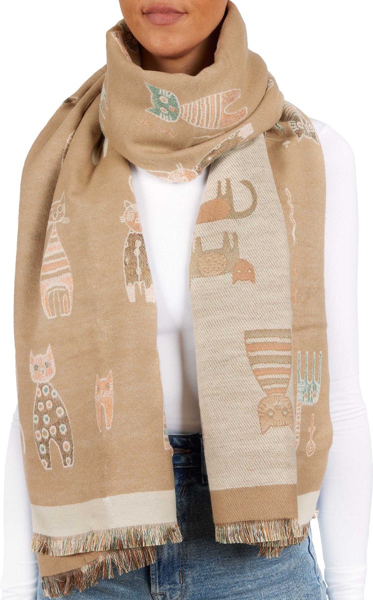 BRUBAKER Cashmirillo damessjaal met kattenpatroon - 70 x 200 cm - warm, behaaglijk en oversized - wollen sjaal - zacht kasjmier gevoel, lichtbruin - Moederdag Cadeautje