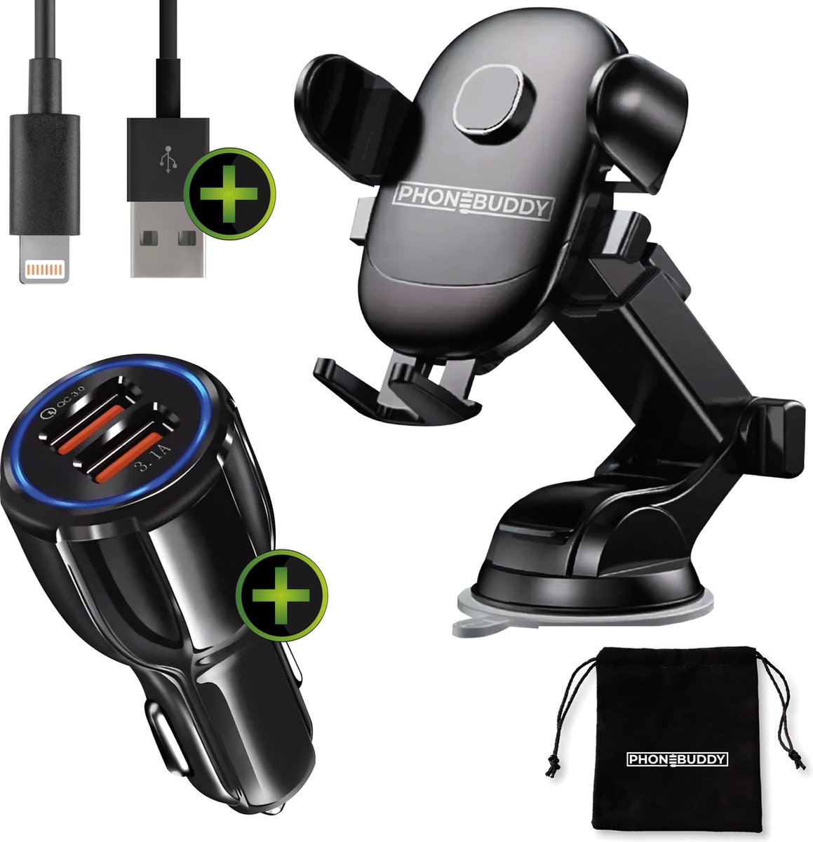 Phonebuddy Autobundel - 36W - snellader - USB - Autolader - zuignap - Telefoonhouder - Autohouder voor Vooruit En Dashboard - Universeel - oplaad - kabel - USB naar Lightning