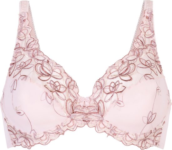 Soutien-gorge à armatures rose pâle avec bonnets transparents brodés de fleurs et bords en dentelle.