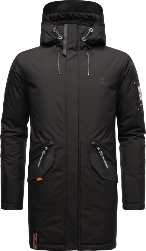 Zwarte parka jas van Stone Harbour, voorkant, met capuchon en opgestikte zakken.