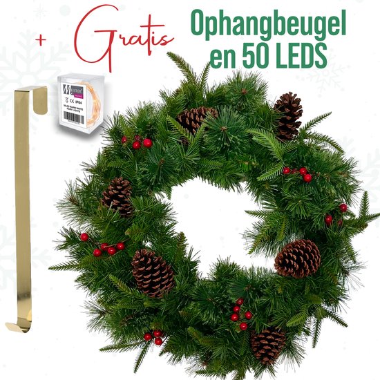 Meisterhome Kerstkrans met verlichting - 60 cm - Inclusief Gratis kerst Ophanghaak - 50 LED-lampjes