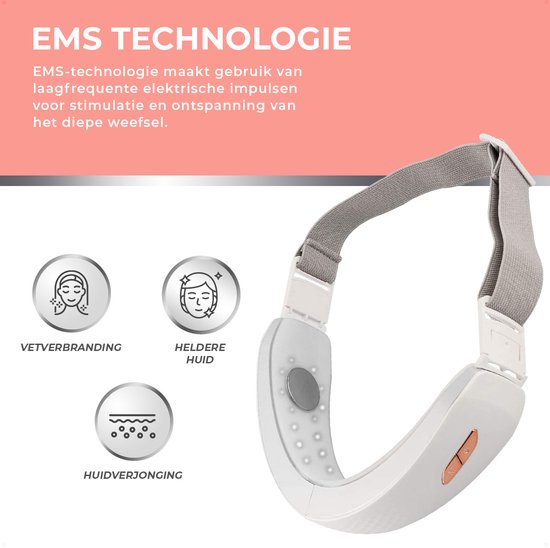 Wit kaaklijnapparaat met grijze band, toont iconen voor vetverbranding, heldere huid en huidverjonging door EMS-technologie.