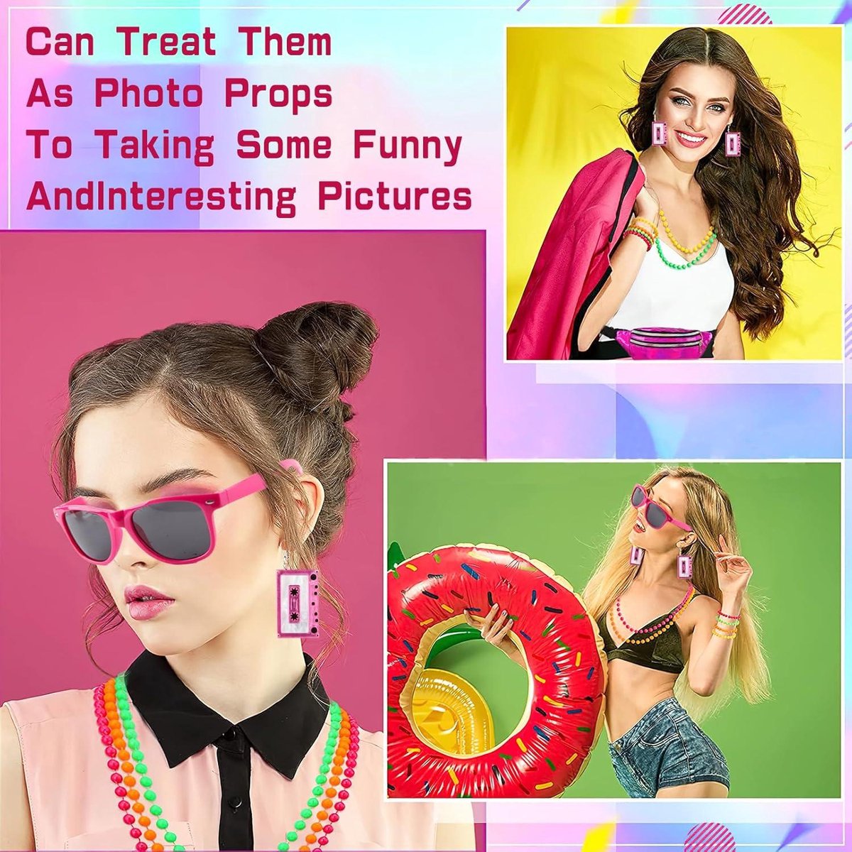 Jaren 80 verkleedkleding neon accessoires tutu feestkostuum volwassen beenwarmers visnet handschoenen, jaren 80 stijl ketting kralen, neon hoepel oorbellen, gummy armbanden dames vrijgezellenfeest