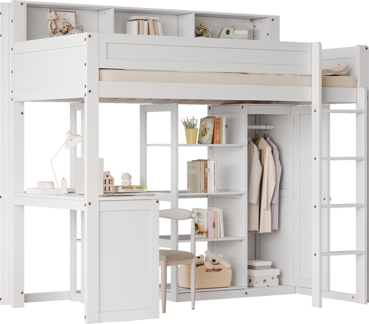 Merax Hoogslaper met Bureau en Kledingkast – Kinderbed met Uitvalbeveiliging en Houten Lattenbodem – Wit – 90x200 cm