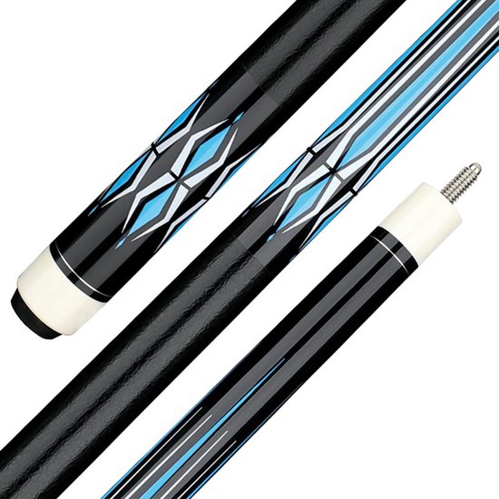 Queue de billard noire avec des losanges bleu clair et blancs et des rayures.