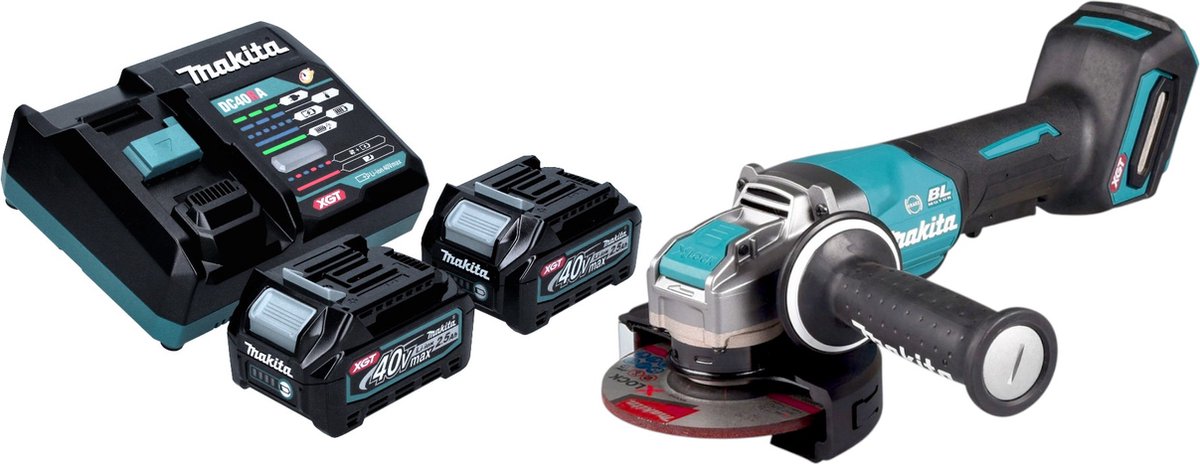 Makita GA 047 GD201 Accu haakse slijper 40 V max. 125 mm X-LOCK Brushless + 2x accu 2,5 Ah + lader