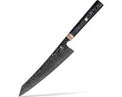 KAAMUT® Kiritsuke Mes 21 cm 67 Lagen Zwart Damascusstaal – Vlijmscherp – Professioneel Koksmes – Handvat van Koper & Carbonvezel