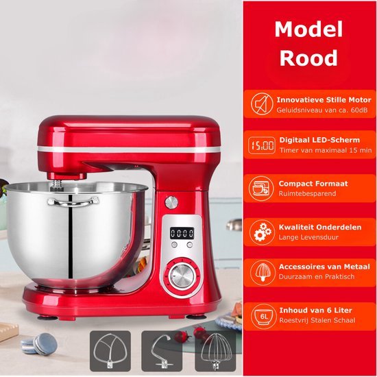 Jurrys Keukenmachine 6L – 1200W – Rood – RVS Mengkom – Keukenrobot met Garde & Mixer – Standmixer voor Bakken & Koken van Jurrys — afbeelding 3