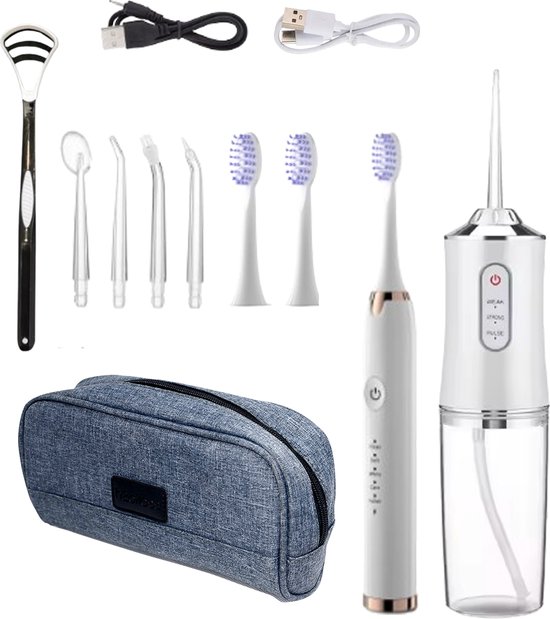 Foto: Charecare daily smile kit wit volledige set voor dagelijkse mondverzorging elektrische tandenborstel waterflosser tongschraper toilettas draagbare flosaparaat extra mondstukken dagdeal van vandaag