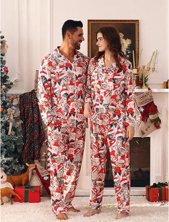 Lufebut Partners, kerstpyjama voor koppels, tweedelige pyjamaset, lang, dames en heren, briefdruk, Kerstmis, nachtkleding, huispak, loungewear, Blauwe