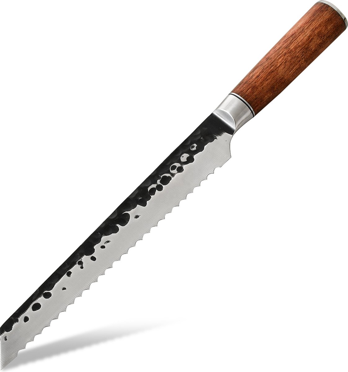 KAAMUT® Broodmes 20 cm Gehamerd Koolstofstaal – Vlijmscherp – Professioneel Koksmes – Zwarte Finish – Massief Houten Handvat