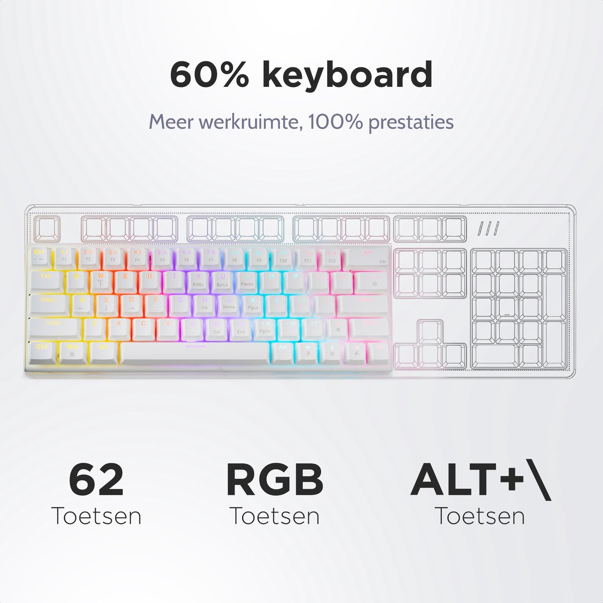 getcetera 60% Mechanisch Gaming Toetsenbord - Red Switches - RGB - QWERTY - USB-C Bedraad - Compact Wit thumbnail 5