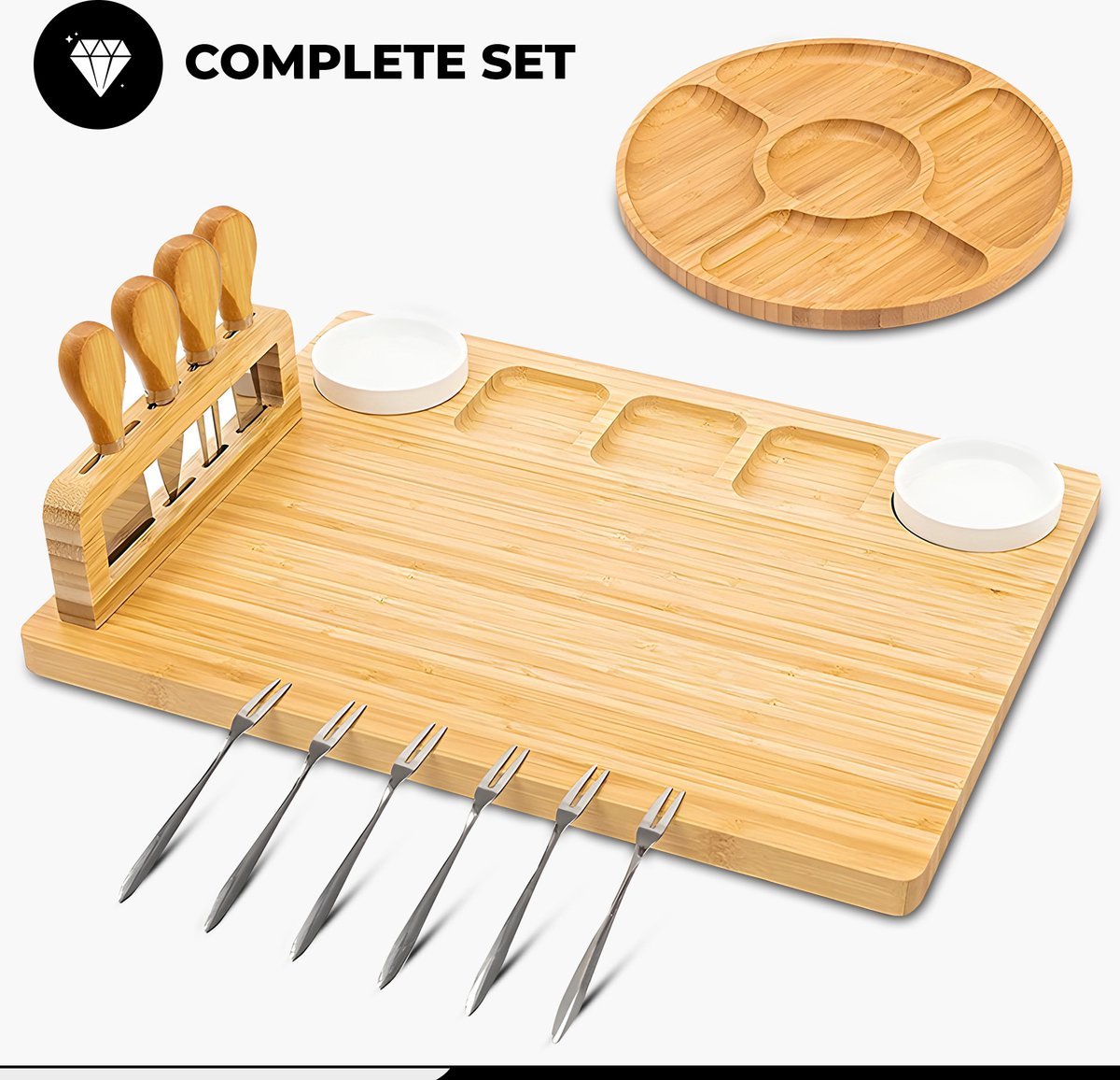 Kicinn Borrelplank - Tapasplank - Kaasplank - Serveerplank - Borrelplank Hout - Incl. Kaasmesjes, Vorkjes, schaaltjes en extra Serveerplank – Bamboe — cadeau in Kookcadeaus - foto 6