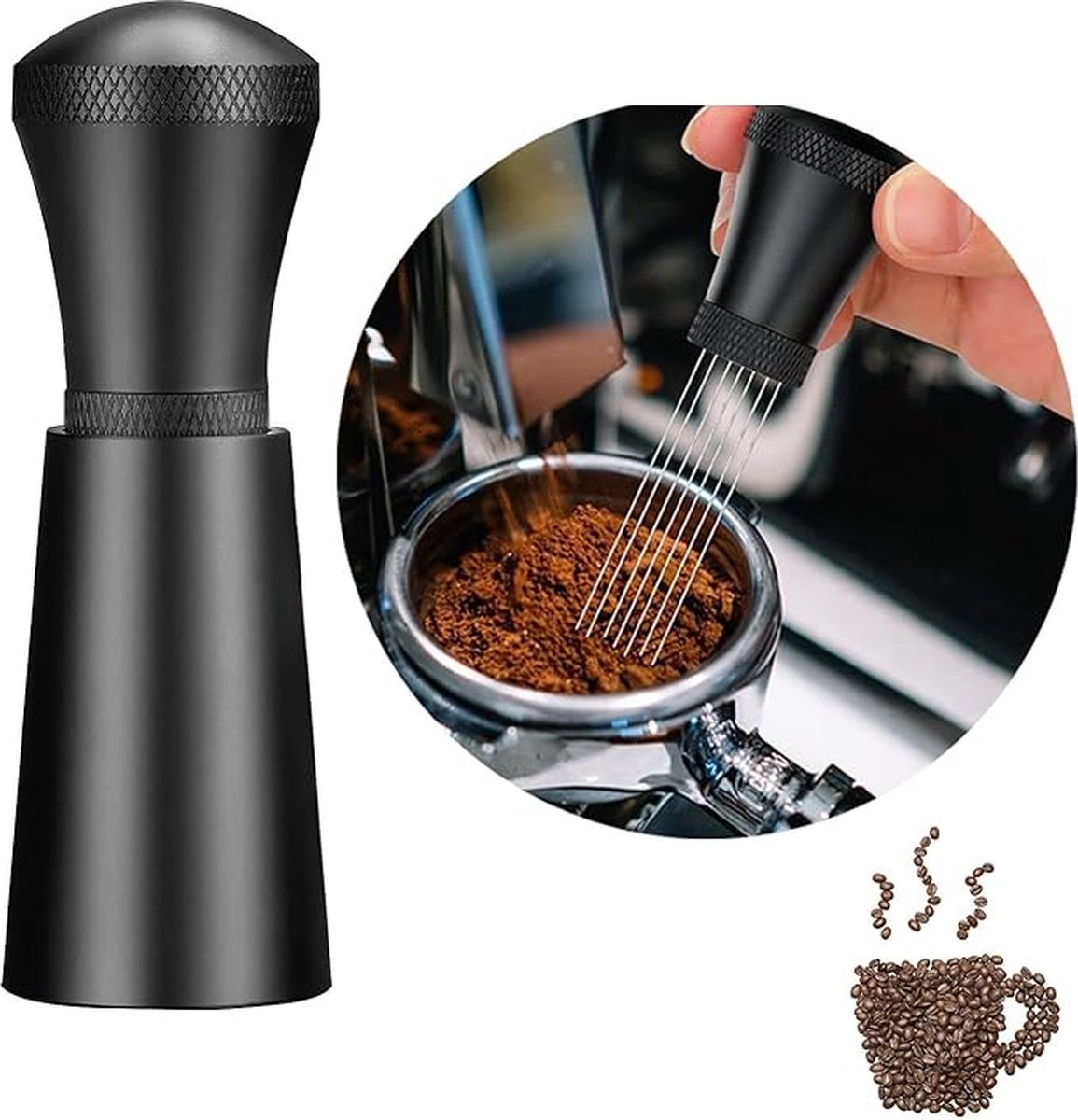 Espresso Koffieroerder - Koffie Verdeler - Koffie Accessoires - Tool Compact - Met 7 Naalden-Met voet- Espresso Distributie Tool - Koffie Tamper Espresso Naald - Zwart