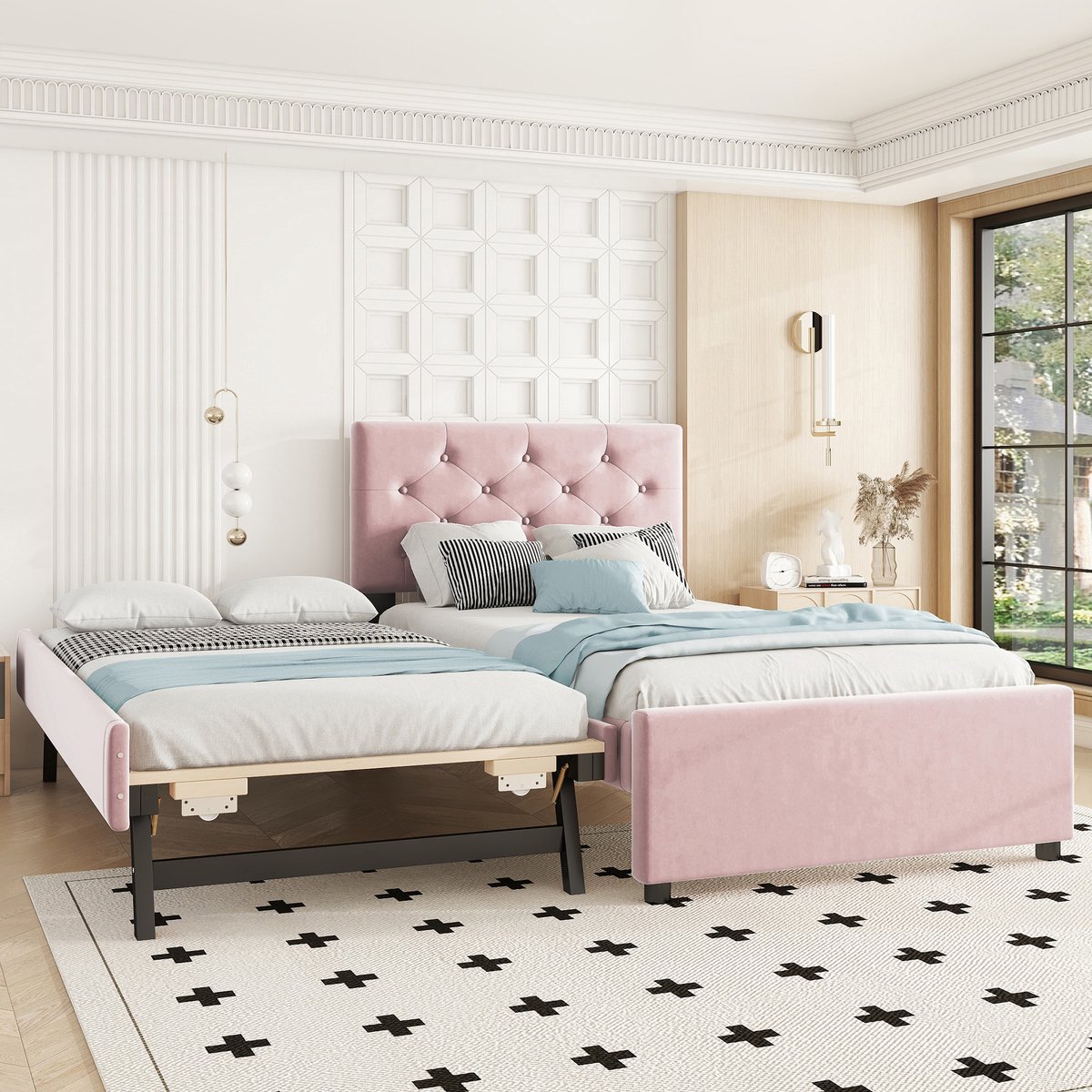 Sweiko Gestoffeerd bed 90x200 cm, met onderschuifbed, fluweel, zonder matras, roze