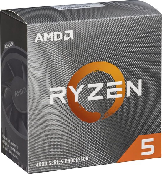 Doos van een AMD Ryzen 5 processor in 4000-serie, met logo's en tekst.