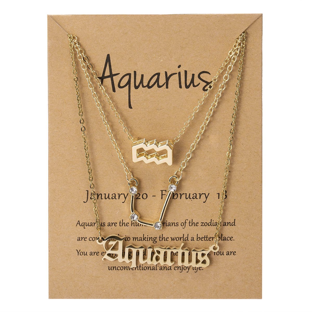 Bixorp Stars Set van 3 Aquarius / Waterman Kettingen - Goudkleurige Ketting op Cadeau Kaartje - Sterrenbeeld / Zodiac Sieraden Set