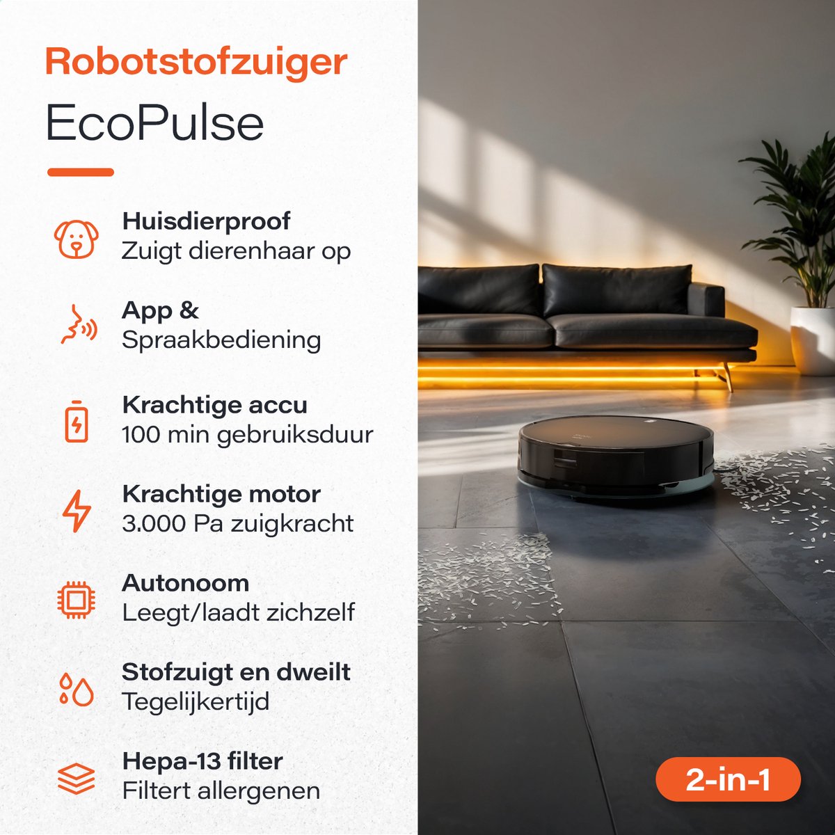 Afbeelding 2 van Skoov Ecopulse - Robotstofzuiger met Dweilfunctie en laad station - Met APP en afstandsbediening - Huisdieren - Automatische - Dweilrobot - Geschikt voor Hondenharen