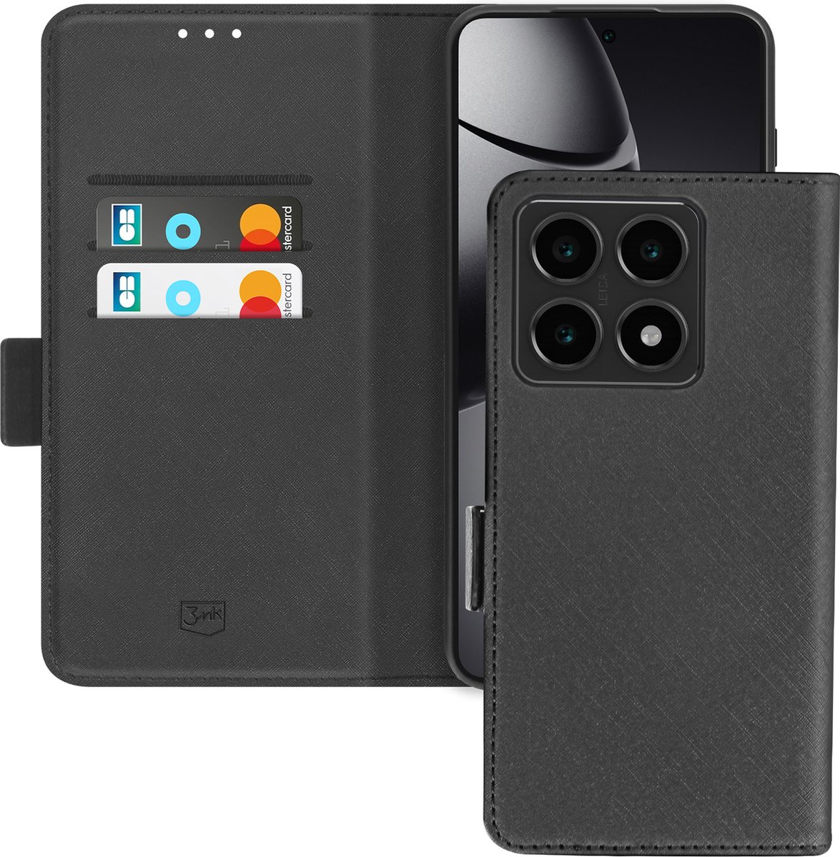 3mk, Hoesje voor Xiaomi 14T Pro Saffiano Leren Klapkaarthouder, Zwart