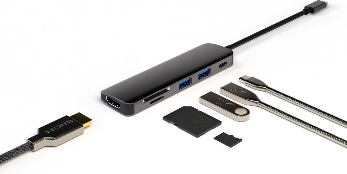 Image of 4Smarts 6-in-1 Hub USB-A / USB-C / Micro SD / SD-kaart / HDMI Grijs