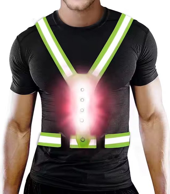 Gele reflecterende banden met witte strepen, met knipperende rode LED's op de borst.