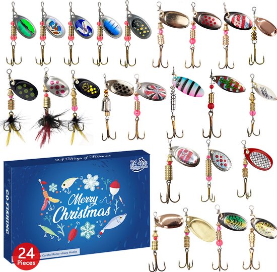 Adventskalender - 24 Dagen Kerstmis Countdown Geschenkdoos - Kerstmis Cadeau - kerstmis cadeau - Vissen - Kerstmis aftellen - Kunstaas set - Vissenaccessoires kit - Vis set - Kunstaas - met 24 vakken - 24 verschillende kleuren/vormen vishaken