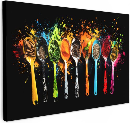 Canvas schilderij 120x80 cm - Wanddecoratie Lepels - Kruiden - Modern - Graffiti - Verf - Kleurrijk - Muurdecoratie accessoires - Keuken decoratie muur - Schilderijen op canvas