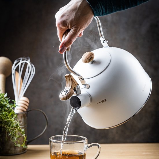 Kinghoff 1860 - Bouilloire sifflante avec flûte - 2,5 litres - Acier inoxydable - Wit avec manche en bois