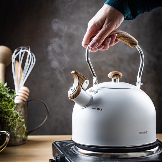 Kinghoff 1860 - Bouilloire sifflante avec flûte - 2,5 litres - Acier inoxydable - Wit avec manche en bois